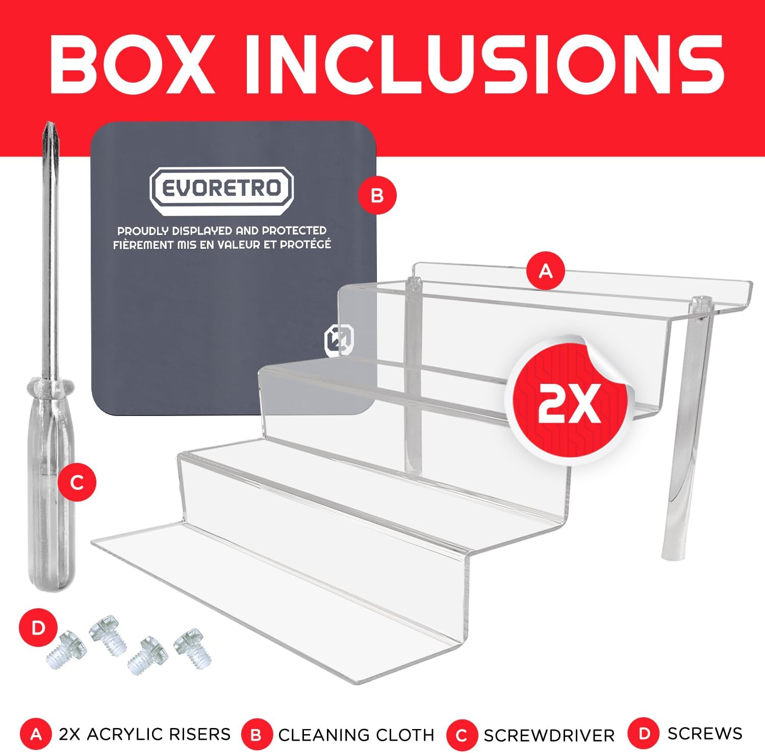 EVORETRO Acryl-Ständer – 4-stufige Mehrzweck-Abstandshalter aus transparentem Acryl für Actionfiguren, Funko Pop Display, Köln-Organizer, Parfüm-Display, platzsparende Displayerhöhung – 2 Stück, RS6
