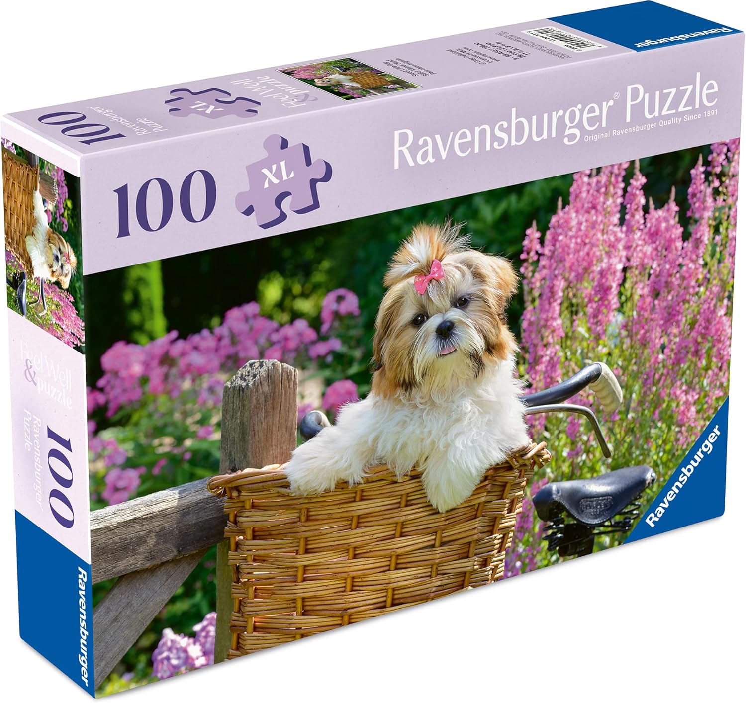 Ravensburger 100 Piece Extra Large Jigsaw Puzzle with Board & Poster – Feel Well & Puzzle range, Sweet Little Dog in Bicycle Basket – Kids & Adults, Dog Lovers Gift