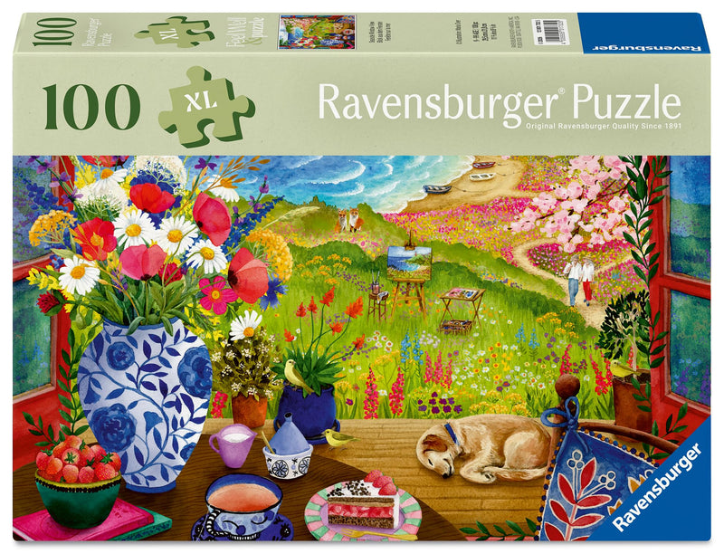 Ravensburger 100 Piece Extra Large Seaside Window View Jigsaw Puzzle for Adults & Kids – Feel Well & Puzzle Range, Coastal Seaside Scene with Lighthouse, Dog & Flowers, Includes Puzzle Board & Poster