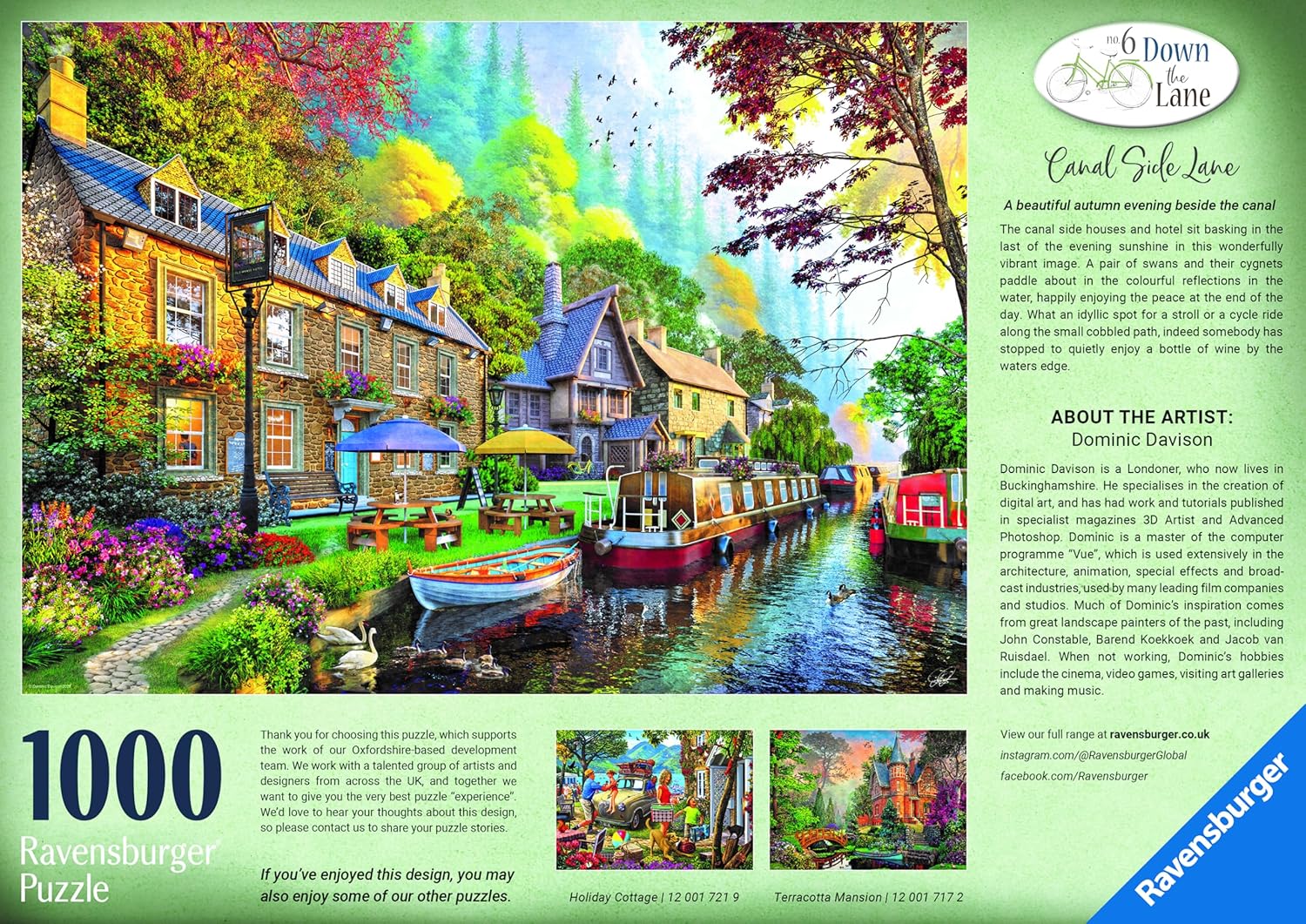 Ravensburger 1000 Piece Jigsaw Puzzle – Down the Lane No. 6 Canal Side Lane by Dominic Davidson - Countryside Pub & Canal Scene Puzzle for Adults