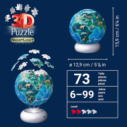 Ravensburger Earth at Night 72-Piece 3D Nightlight Puzzle – Glow-in-the-Dark Puzzle Toy for Kids & Adults, Relaxing Interactive Decor