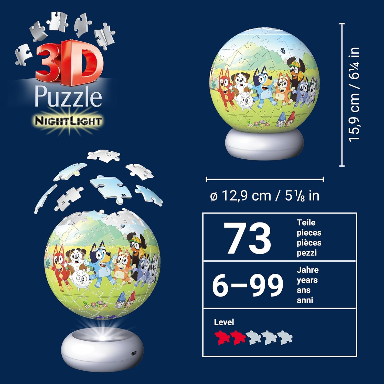 Ravensburger 3D Puzzle Nachtlicht Bluey - Puzzle-Ball mit LED Nachtlicht als Nachttischlampe für Kinder ab 6 Jahren
