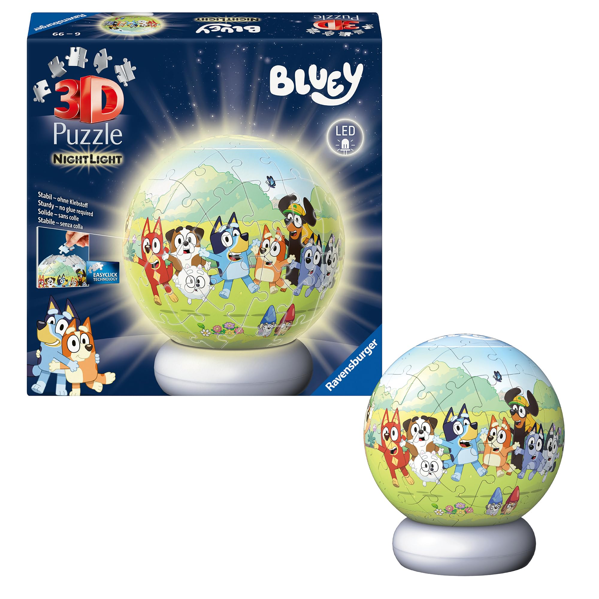 Ravensburger 3D Puzzle Nachtlicht Bluey - Puzzle-Ball mit LED Nachtlicht als Nachttischlampe für Kinder ab 6 Jahren