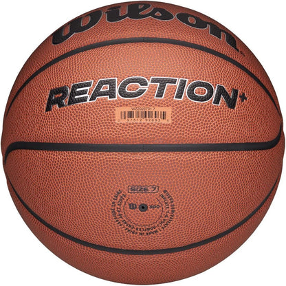 Wilson Pallone da Basket Reaction Plus, In Materiali Compositi Resistenti con Design a Canali Profondi, Marrone/Argento, Misura 5