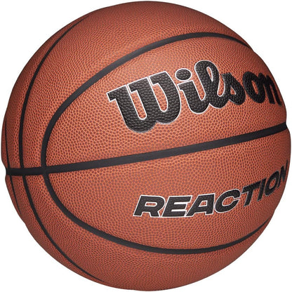 Wilson Pallone da Basket Reaction Plus, In Materiali Compositi Resistenti con Design a Canali Profondi, Marrone/Argento, Misura 5