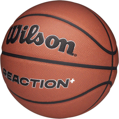 Wilson Pallone da Basket Reaction Plus, In Materiali Compositi Resistenti con Design a Canali Profondi, Marrone/Argento, Misura 5