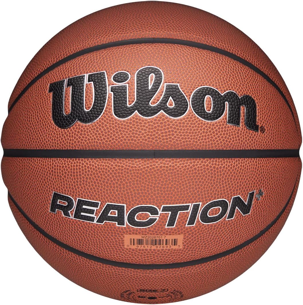 Wilson Pallone da Basket Reaction Plus, In Materiali Compositi Resistenti con Design a Canali Profondi, Marrone/Argento, Misura 5