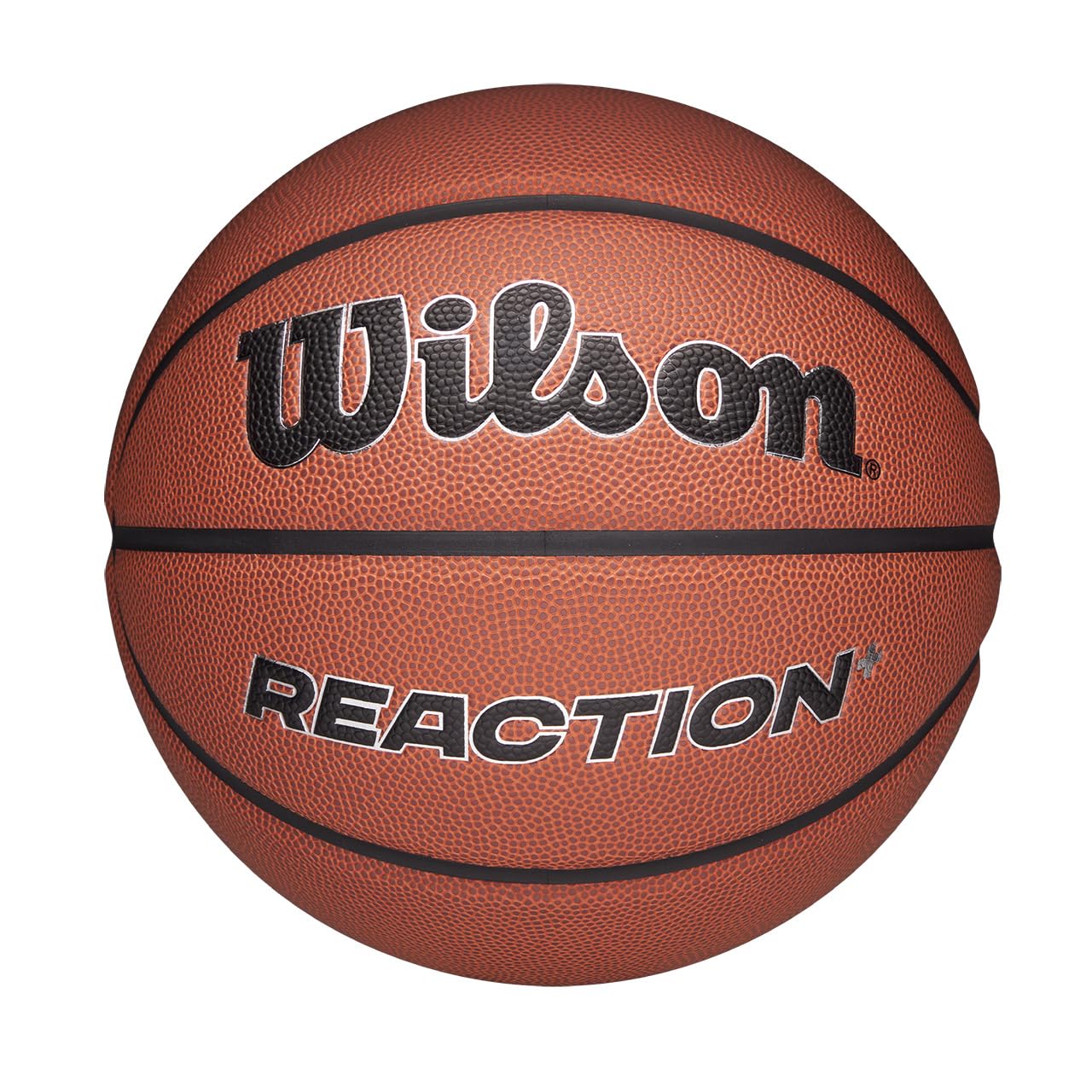 Wilson Pallone da Basket Reaction Plus, In Materiali Compositi Resistenti con Design a Canali Profondi, Marrone/Argento, Misura 5