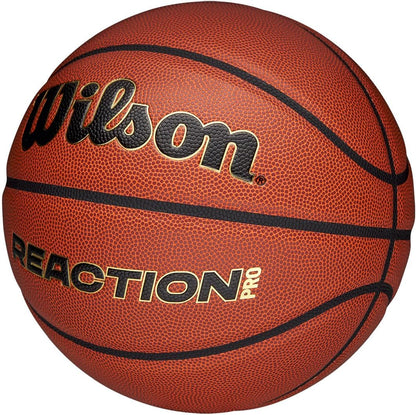Wilson Pallone da Basket Reaction Pro, In Materiali Compositi Resistenti con Tecnologia VLC, Marrone/Oro, Misura 5