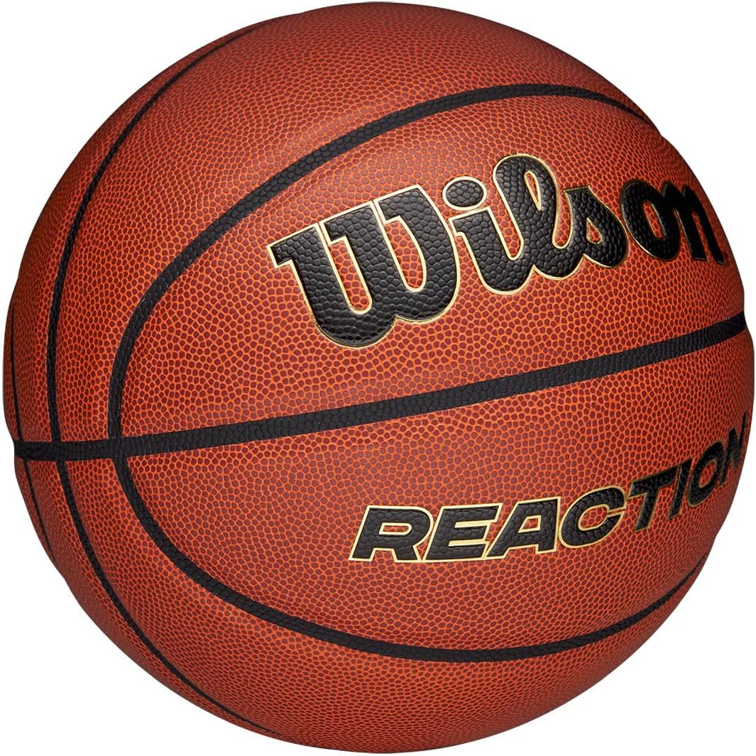 Wilson Pallone da Basket Reaction Pro, In Materiali Compositi Resistenti con Tecnologia VLC, Marrone/Oro, Misura 5