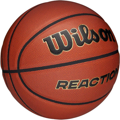 Wilson Pallone da Basket Reaction Pro, In Materiali Compositi Resistenti con Tecnologia VLC, Marrone/Oro, Misura 5