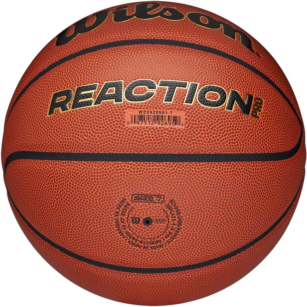 Wilson Pallone da Basket Reaction Pro, In Materiali Compositi Resistenti con Tecnologia VLC, Marrone/Oro, Misura 5