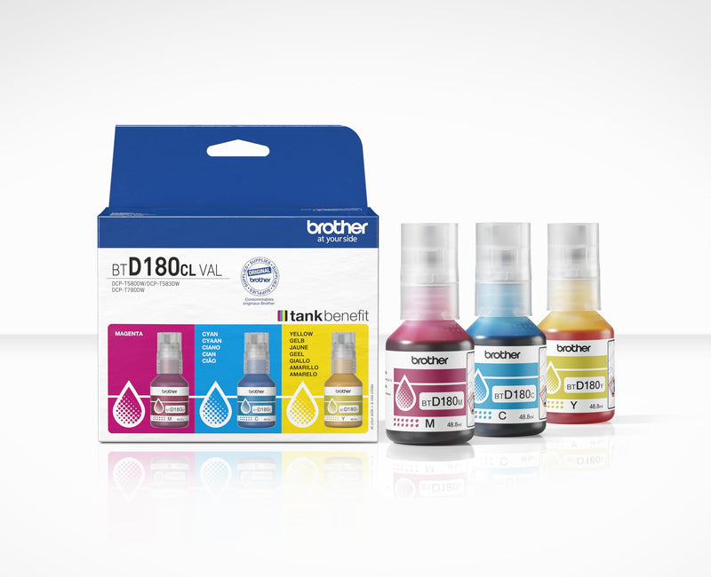 BROTHER BTD180CLVAL Ink Bottle Value Pack, C/Y/M, Includes 3 x Ink Bottles, Genuine Supplies