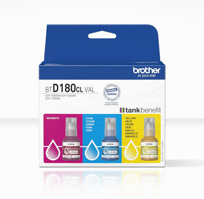 BROTHER BTD180CLVAL Ink Bottle Value Pack, C/Y/M, Includes 3 x Ink Bottles, Genuine Supplies