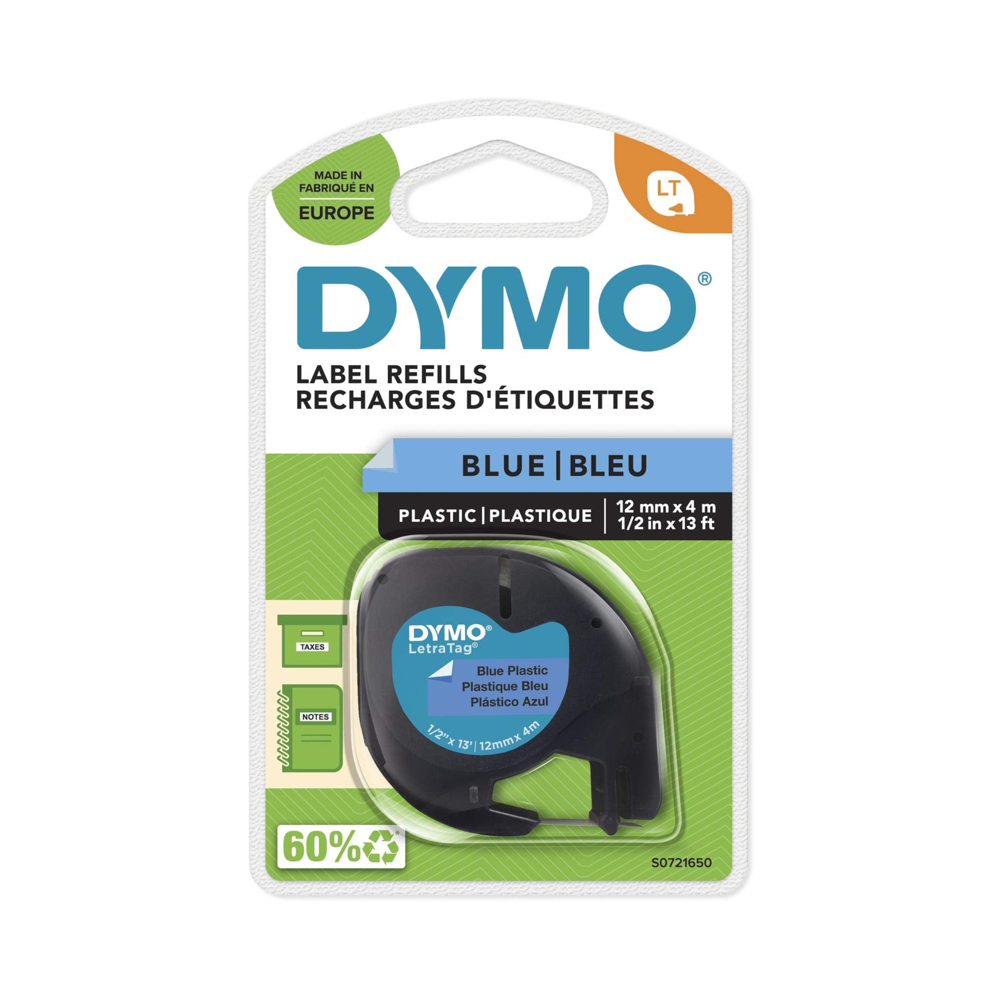 DYMO LetraTag Plastic Labels | Authentic | 12 mm x 4 m Roll | Black Print on Blue Labels | Self-Adhesive Multipurpose Labels for LetraTag Label Makers