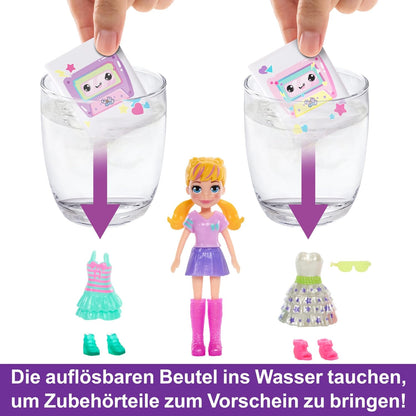 Polly Pocket-Puppe und Spielset, Diskoparty Fashion Reveal, Reisespielzeug zum Auspacken mit ca. 7 cm großer Hoodie Buddy-Puppe, 16 Zubehörteilen und lustigen Wasserüberraschungen, HRD65