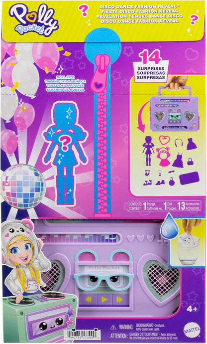 Polly Pocket-Puppe und Spielset, Diskoparty Fashion Reveal, Reisespielzeug zum Auspacken mit ca. 7 cm großer Hoodie Buddy-Puppe, 16 Zubehörteilen und lustigen Wasserüberraschungen, HRD65