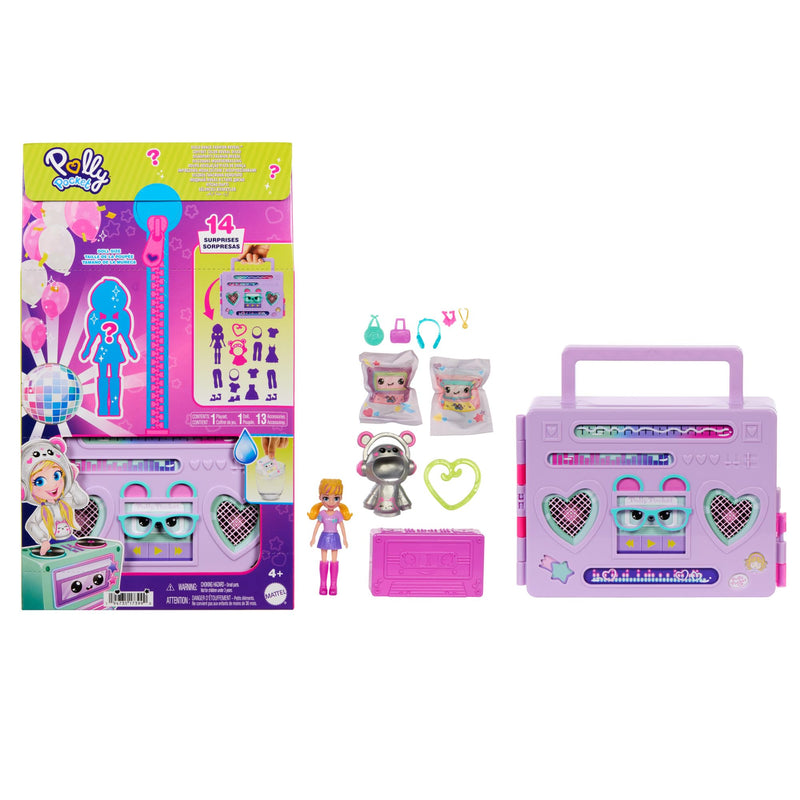 Polly Pocket-Puppe und Spielset, Diskoparty Fashion Reveal, Reisespielzeug zum Auspacken mit ca. 7 cm großer Hoodie Buddy-Puppe, 16 Zubehörteilen und lustigen Wasserüberraschungen, HRD65