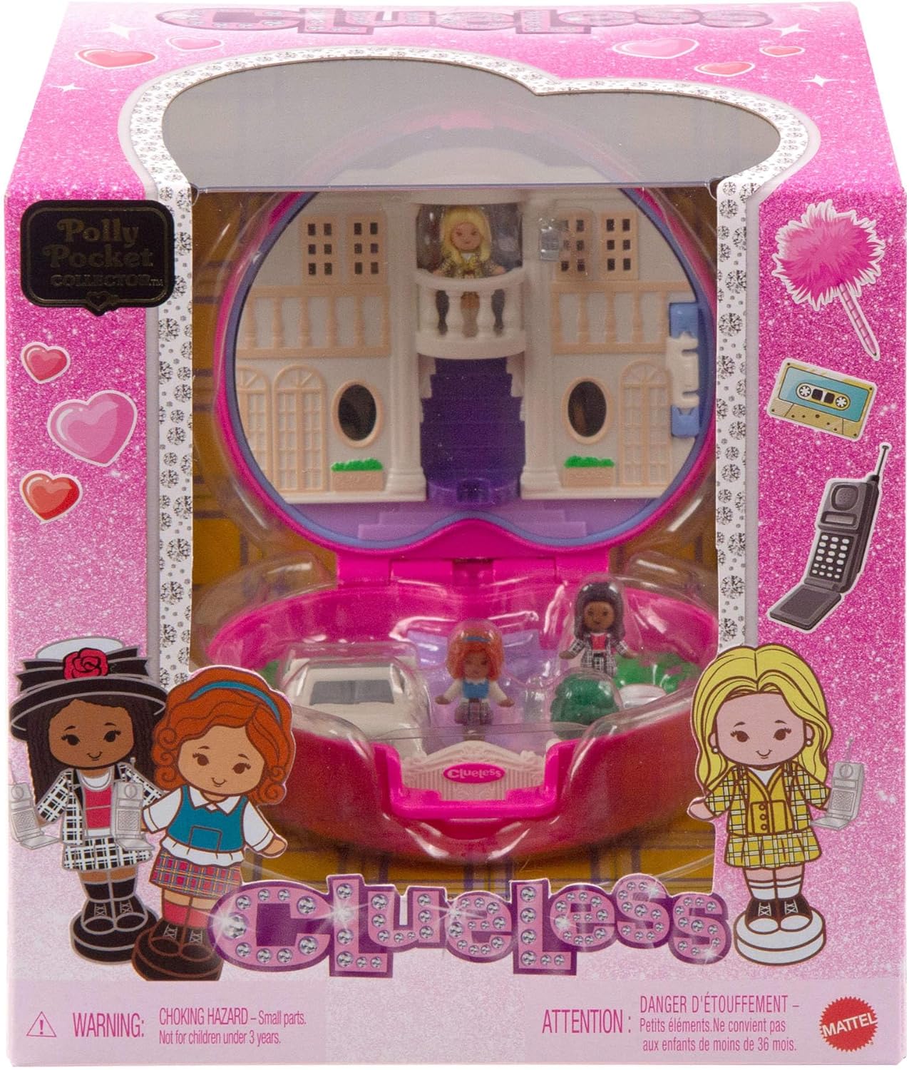 Polly Pocket x Clueless Sammler-Schatulle, Minipuppen und Spielset, 5 thematische Zubehörteile, Spielzeugauto, Cher, Dionne und Tai, JCC21