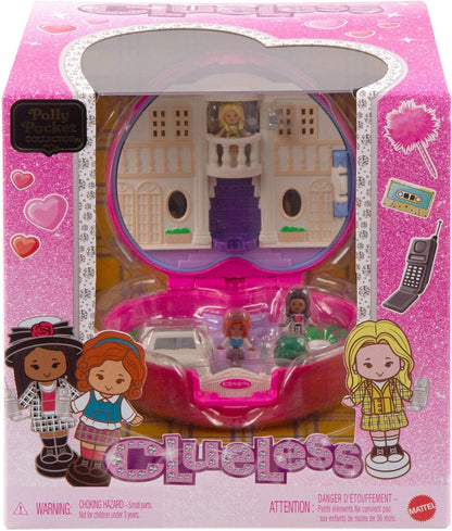 Polly Pocket x Clueless Sammler-Schatulle, Minipuppen und Spielset, 5 thematische Zubehörteile, Spielzeugauto, Cher, Dionne und Tai, JCC21