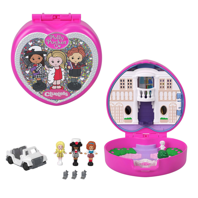 Polly Pocket x Clueless Sammler-Schatulle, Minipuppen und Spielset, 5 thematische Zubehörteile, Spielzeugauto, Cher, Dionne und Tai, JCC21