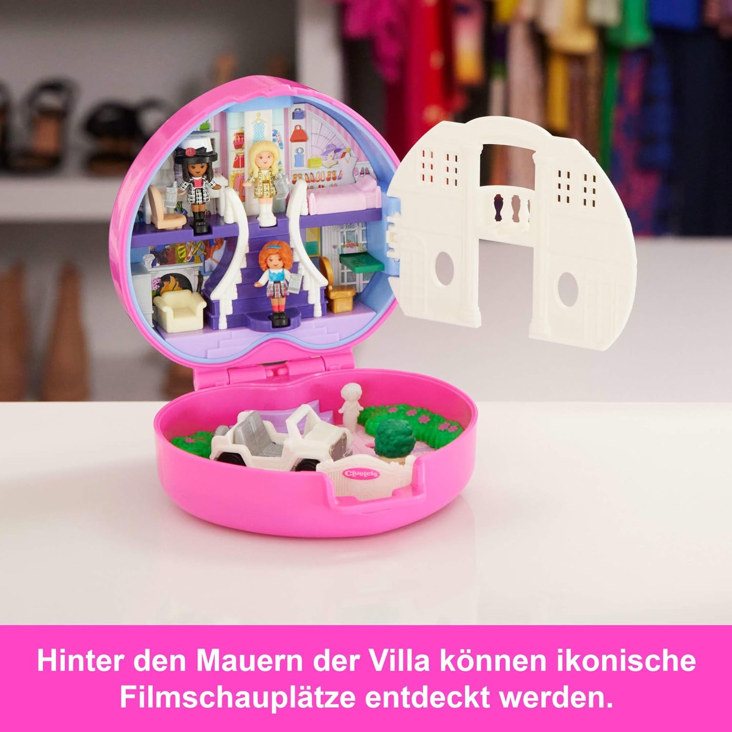 Polly Pocket x Clueless Sammler-Schatulle, Minipuppen und Spielset, 5 thematische Zubehörteile, Spielzeugauto, Cher, Dionne und Tai, JCC21