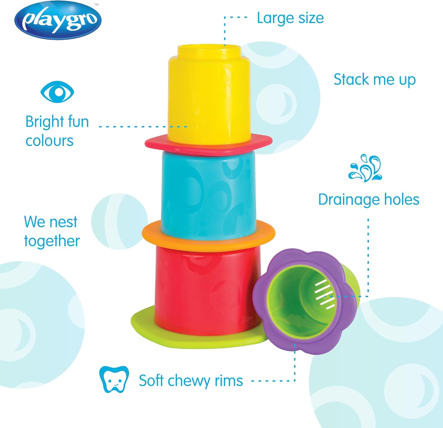 Playgro Ciotole per bagnetto, 4 pezzi, Giocattoli per bebè, A partire da 9 mesi, Senza Bisfenolo A, Multicolore, 40217
