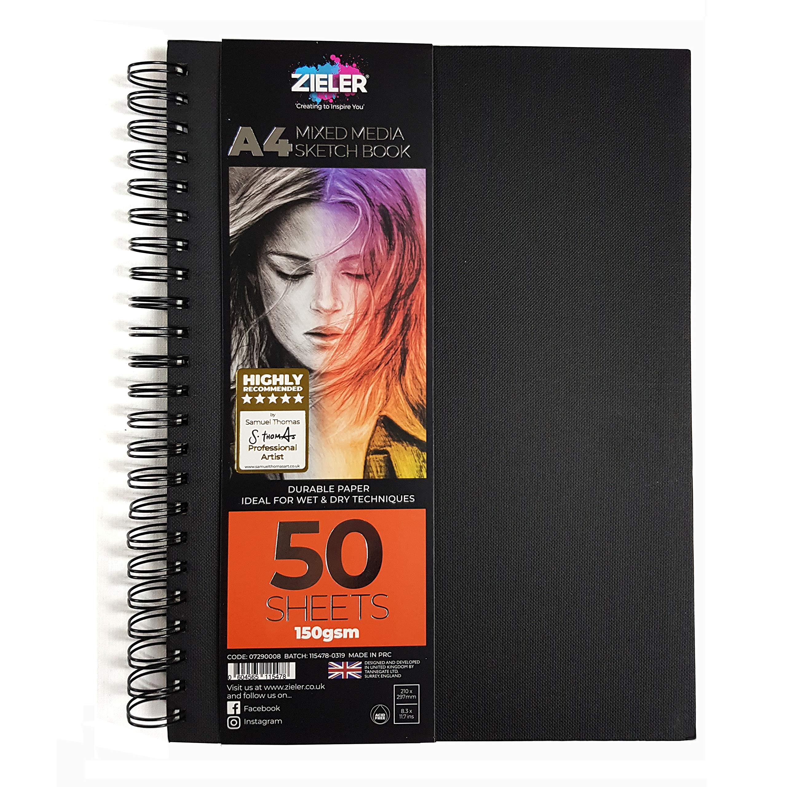 Gebonden spiraal Mixed Media Sketch Book - 150gsm 50 vellen - van Zieler. Ideaal voor gebruik met potloden, houtskool, grafiet, pastelkleuren en lichte aquarel. Geperforeerde en zuurvrije vellen -