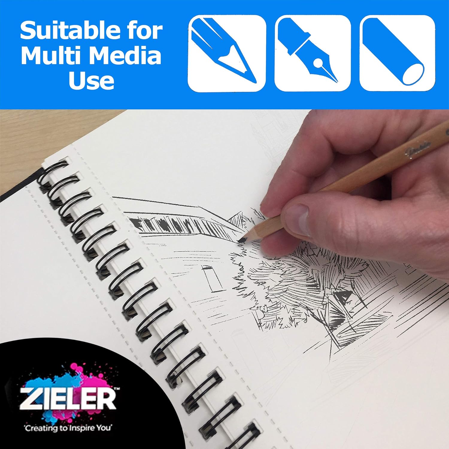 Gebonden spiraal Mixed Media Sketch Book - 150gsm 50 vellen - van Zieler. Ideaal voor gebruik met potloden, houtskool, grafiet, pastelkleuren en lichte aquarel. Geperforeerde en zuurvrije vellen -
