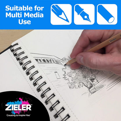 Gebonden spiraal Mixed Media Sketch Book - 150gsm 50 vellen - van Zieler. Ideaal voor gebruik met potloden, houtskool, grafiet, pastelkleuren en lichte aquarel. Geperforeerde en zuurvrije vellen -