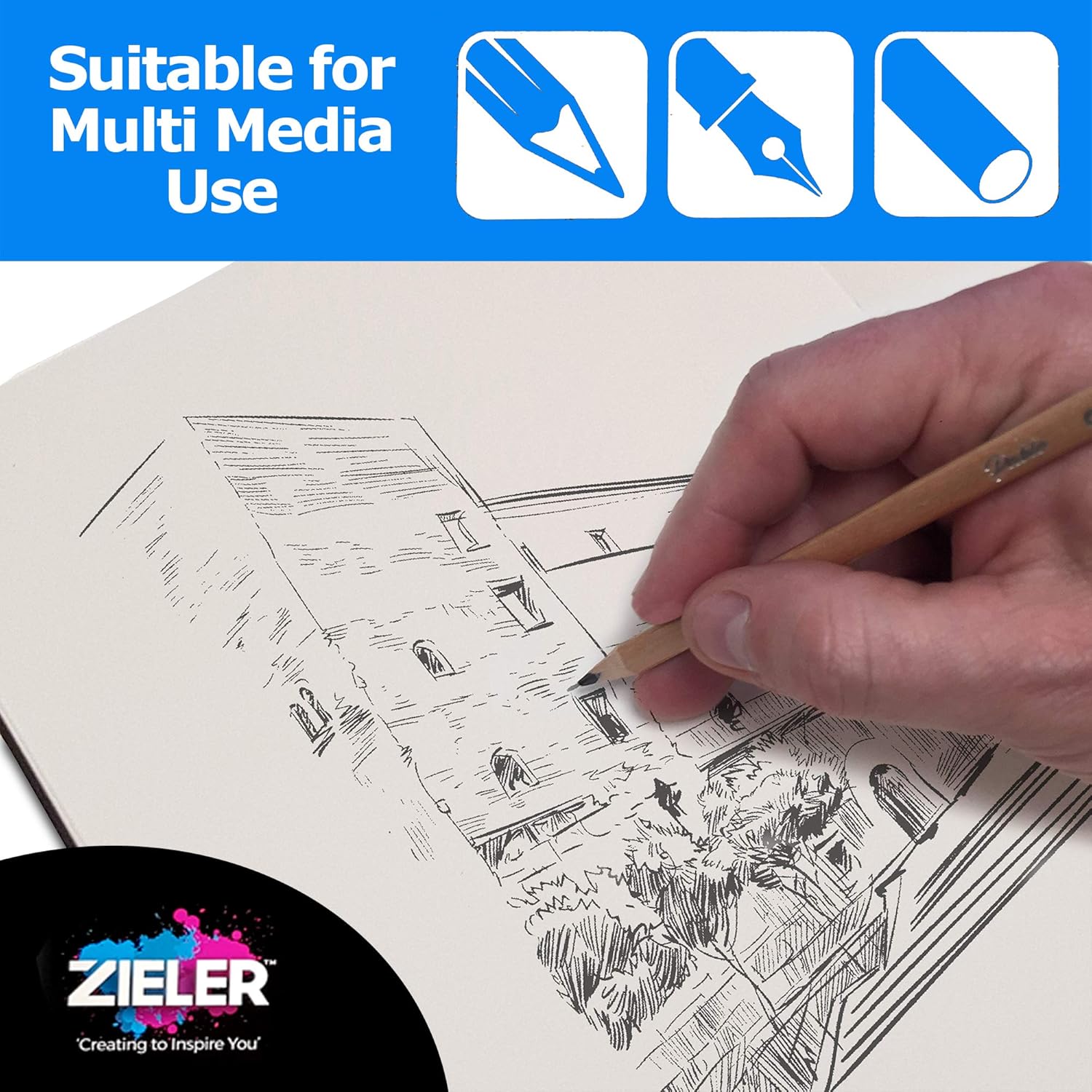 Gebonden Casebound Schetsboek met gemengde media - 150gsm 50 vellen - van Zieler™. Ideaal voor gebruik met potloden, houtskool, grafiet, pastelkleuren en lichte aquarel. Zuurvrije vellen - Portret
