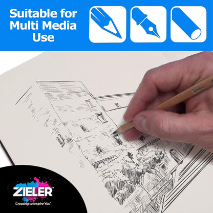 Gebonden Casebound Schetsboek met gemengde media - 150gsm 50 vellen - van Zieler™. Ideaal voor gebruik met potloden, houtskool, grafiet, pastelkleuren en lichte aquarel. Zuurvrije vellen - Portret