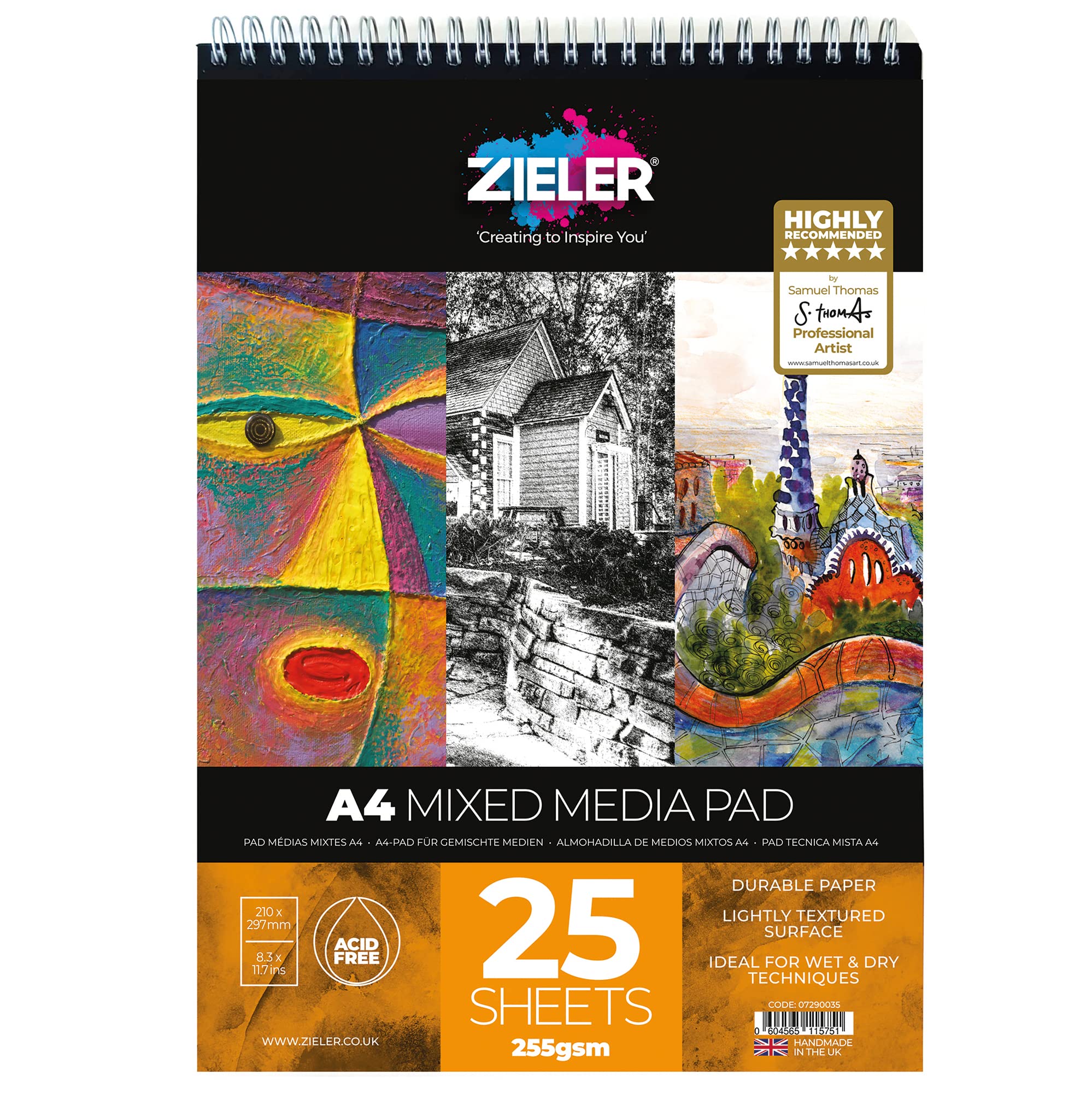 Spiraal gebonden Mixed Media Art Pad - 255gsm, 25 vellen - by Zieler™ - Ideaal voor natte en droge technieken. Gemaakt in het VK (A4