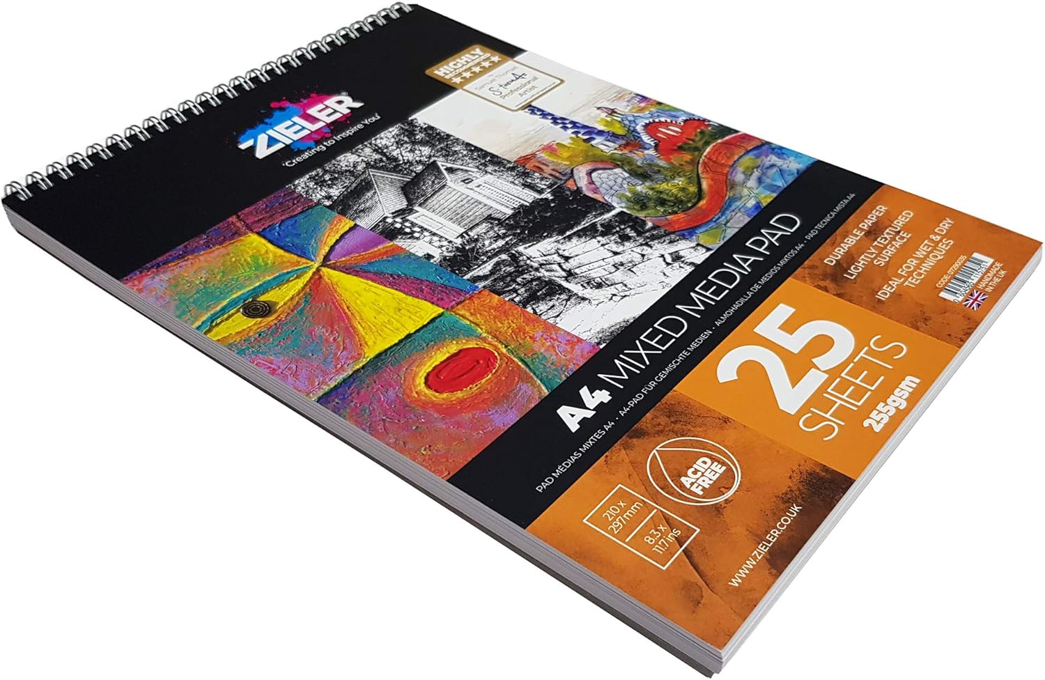 Spiraal gebonden Mixed Media Art Pad - 255gsm, 25 vellen - by Zieler™ - Ideaal voor natte en droge technieken. Gemaakt in het VK (A4