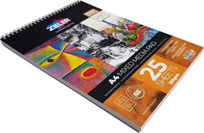 Spiraal gebonden Mixed Media Art Pad - 255gsm, 25 vellen - by Zieler™ - Ideaal voor natte en droge technieken. Gemaakt in het VK (A4