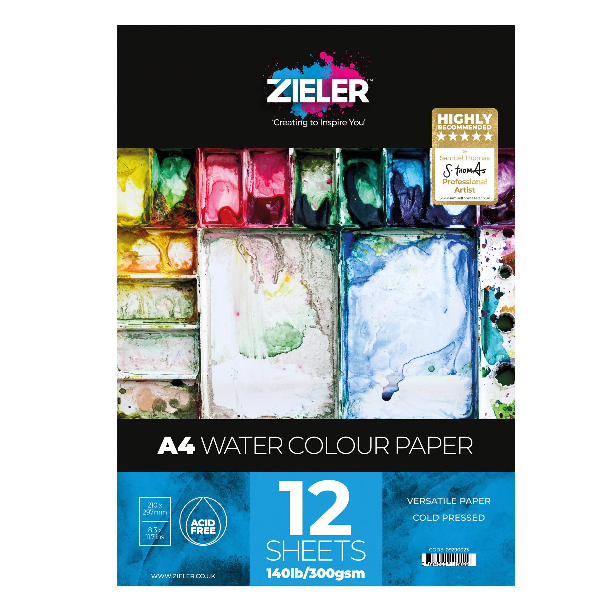 Fijnkorrelige getextureerde aquarel papier pad - 300 g/m², 12 vellen - by Zieler™ - Ideaal voor weken en maskeren. Gemaakt in het VK (A4