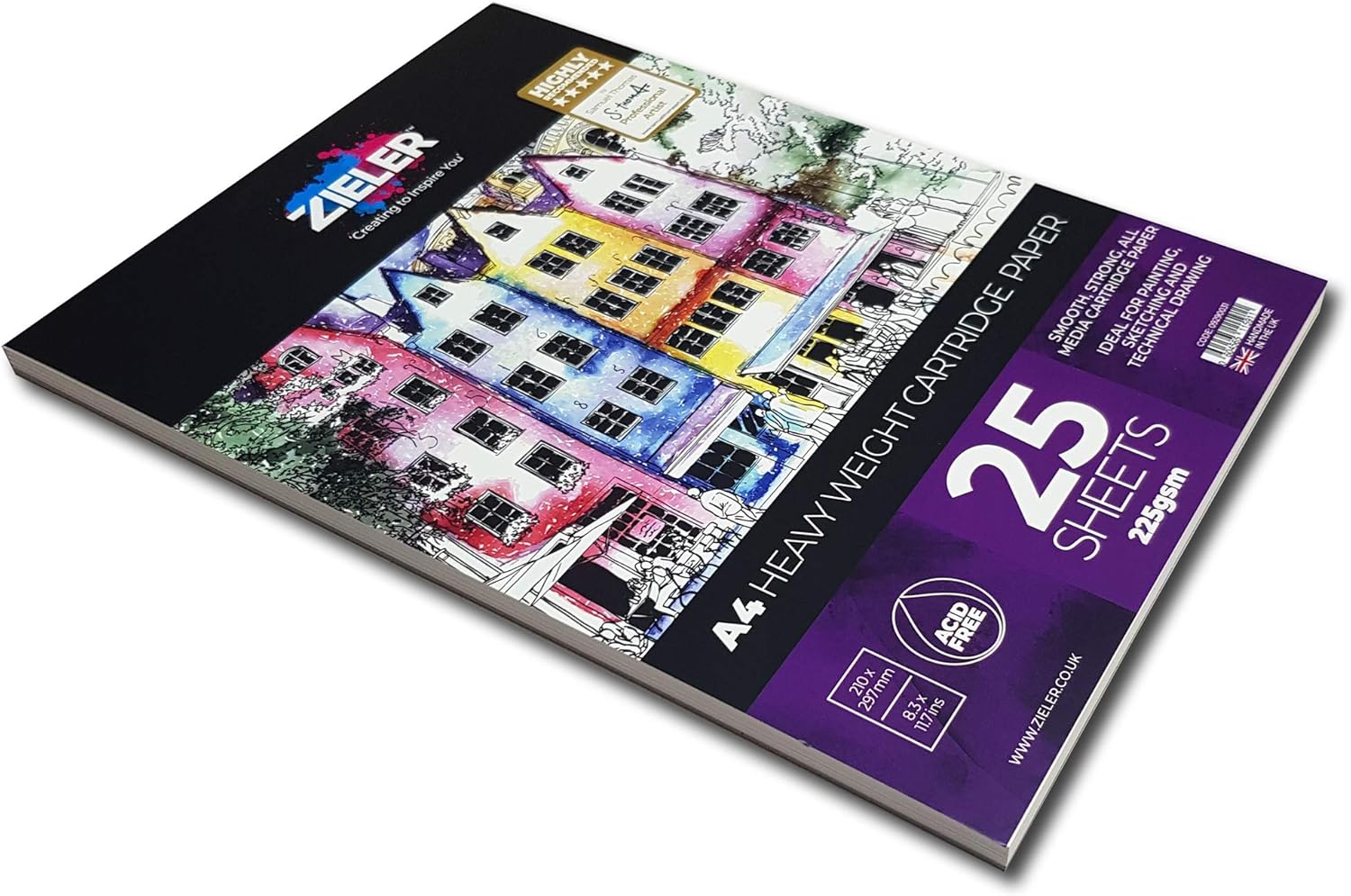 Zwaargewicht Cartridge Paper Pad - 225 g/m², 25 vellen - by Zieler™ - Ideaal voor schilderen, schetsen en technisch tekenen. Gemaakt in UK (A4)