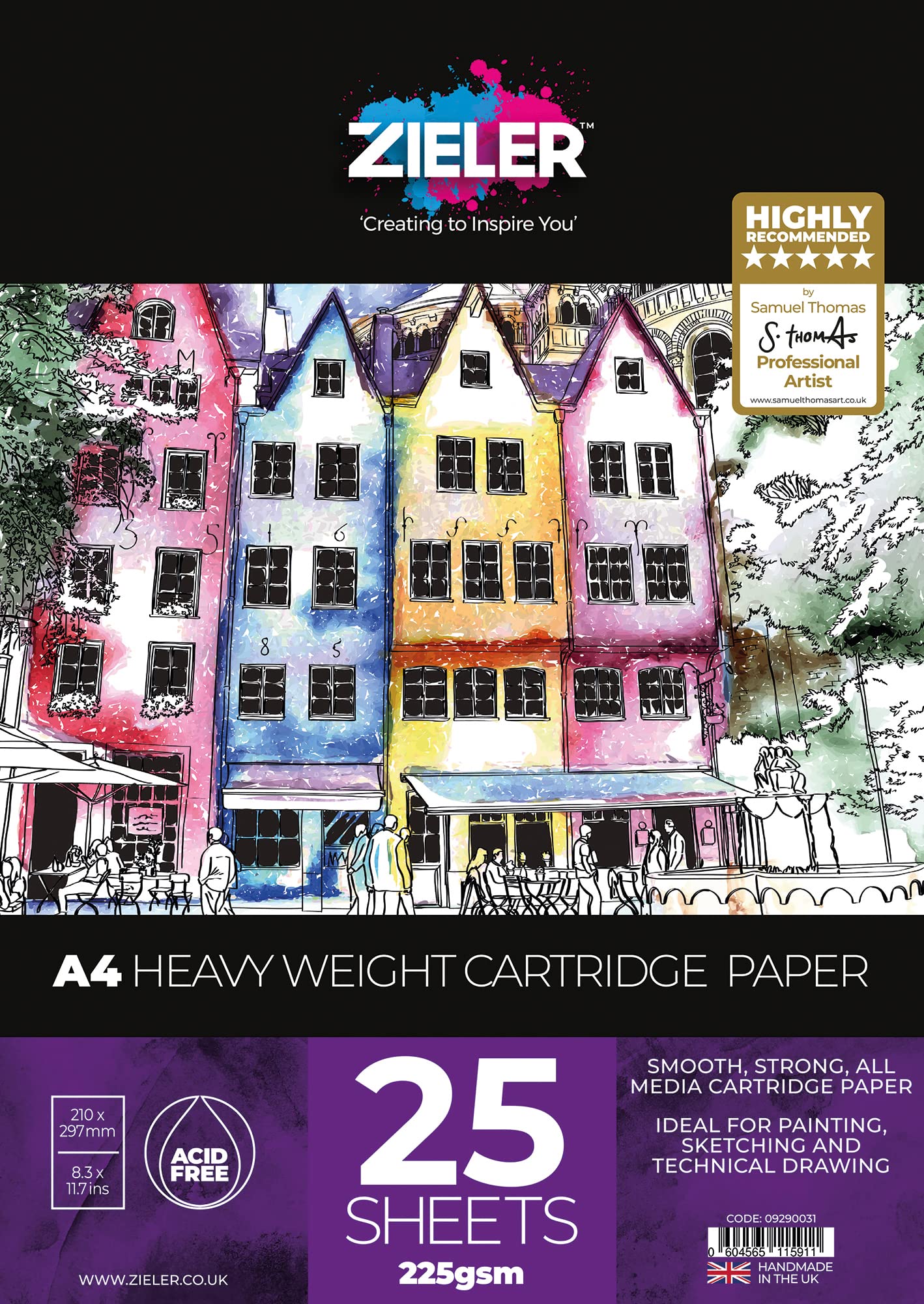Zwaargewicht Cartridge Paper Pad - 225 g/m², 25 vellen - by Zieler™ - Ideaal voor schilderen, schetsen en technisch tekenen. Gemaakt in UK (A4)