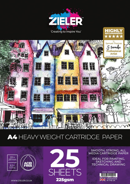 Zwaargewicht Cartridge Paper Pad - 225 g/m², 25 vellen - by Zieler™ - Ideaal voor schilderen, schetsen en technisch tekenen. Gemaakt in UK (A4)