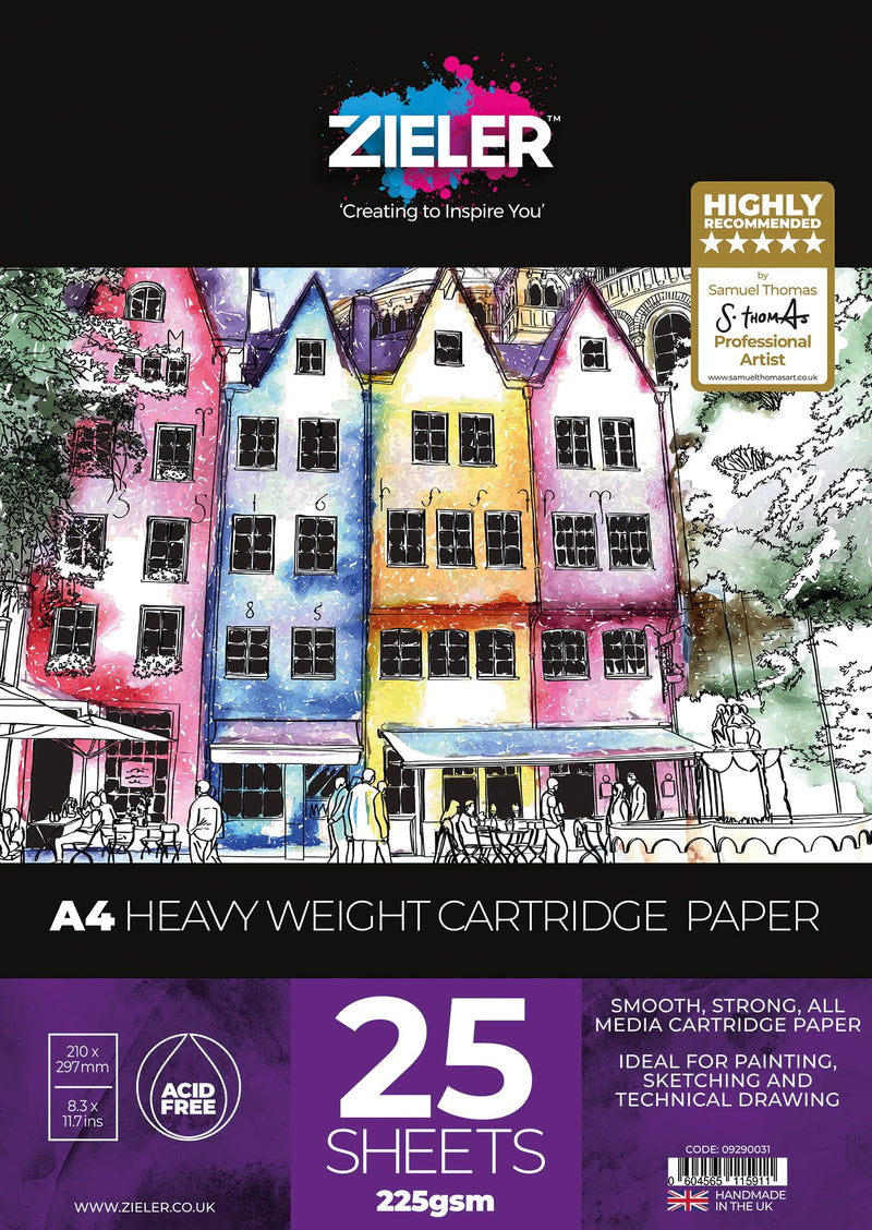 Zwaargewicht Cartridge Paper Pad - 225 g/m², 25 vellen - by Zieler™ - Ideaal voor schilderen, schetsen en technisch tekenen. Gemaakt in UK (A4)