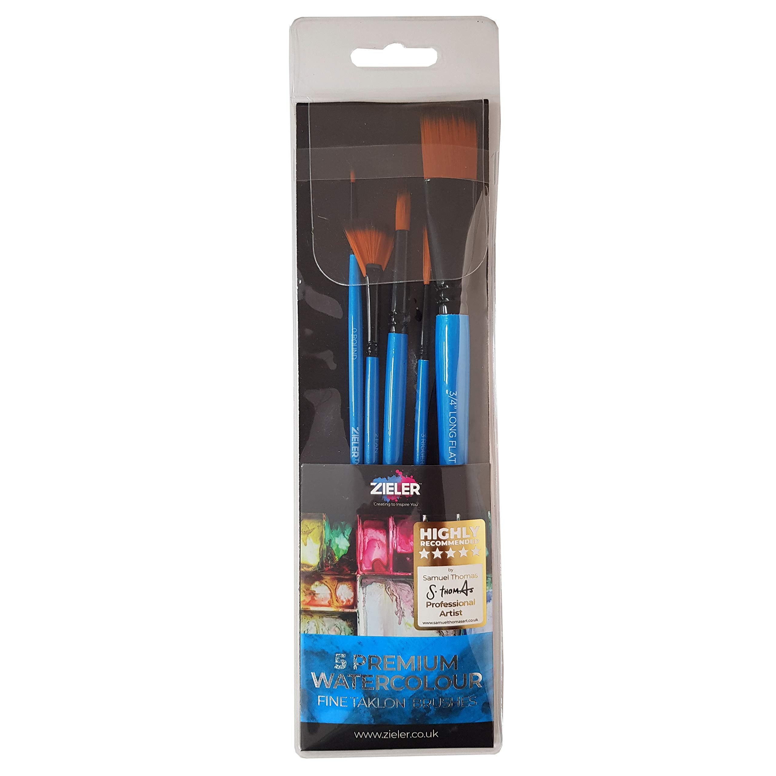 5 Artists Paintbrushes - by Zieler® - Soft nylon, anti-shedding hairs. Made from Kiln-dried hardwood in gloss finish (Watercolour