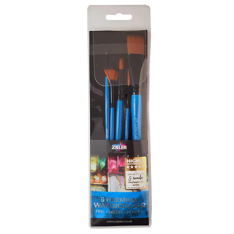 5 Artists Paintbrushes - by Zieler® - Soft nylon, anti-shedding hairs. Made from Kiln-dried hardwood in gloss finish (Watercolour
