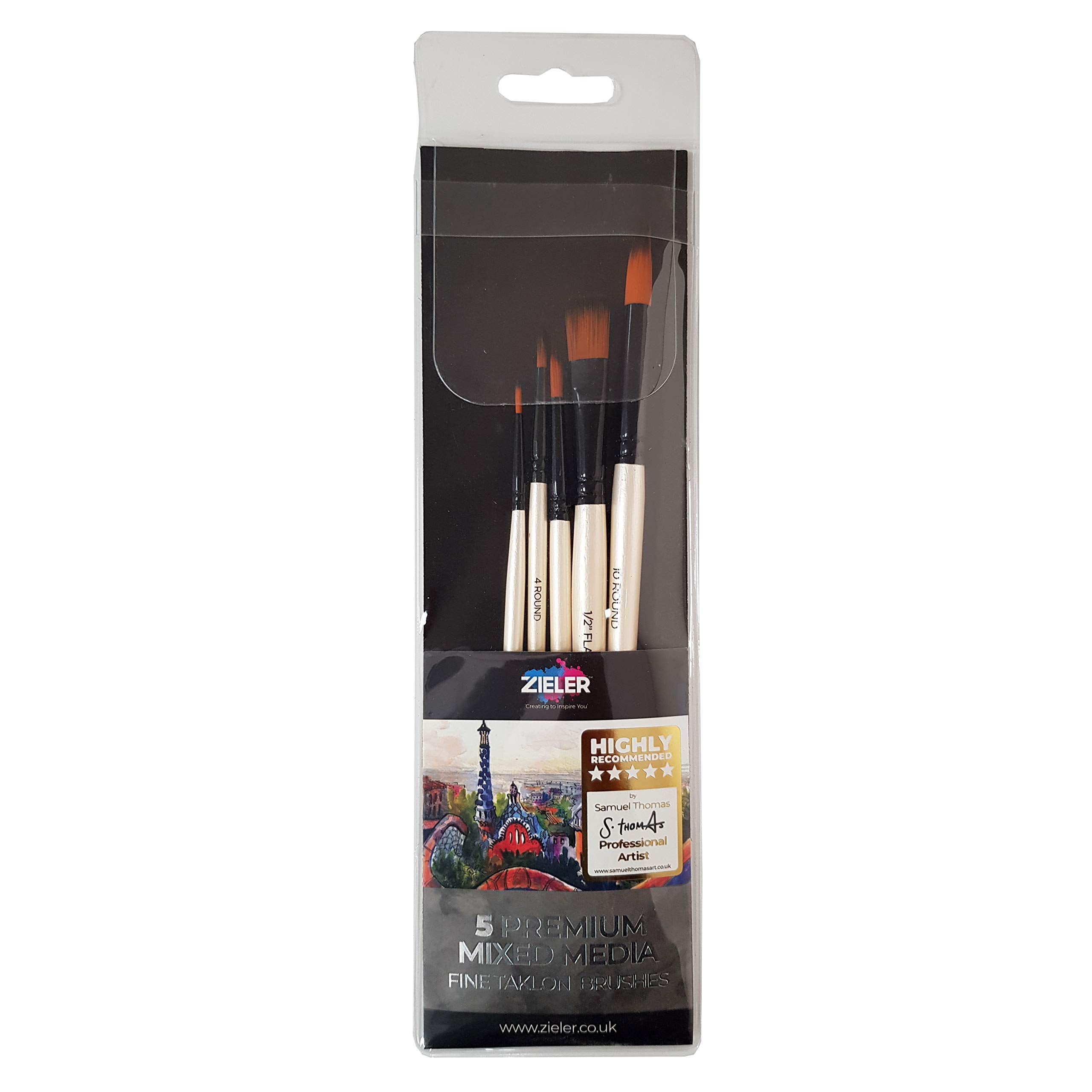 5 Artists Paintbrushes - by Zieler® - Soft nylon, anti-shedding hairs. Made from Kiln-dried hardwood in gloss finish (Mixed Media