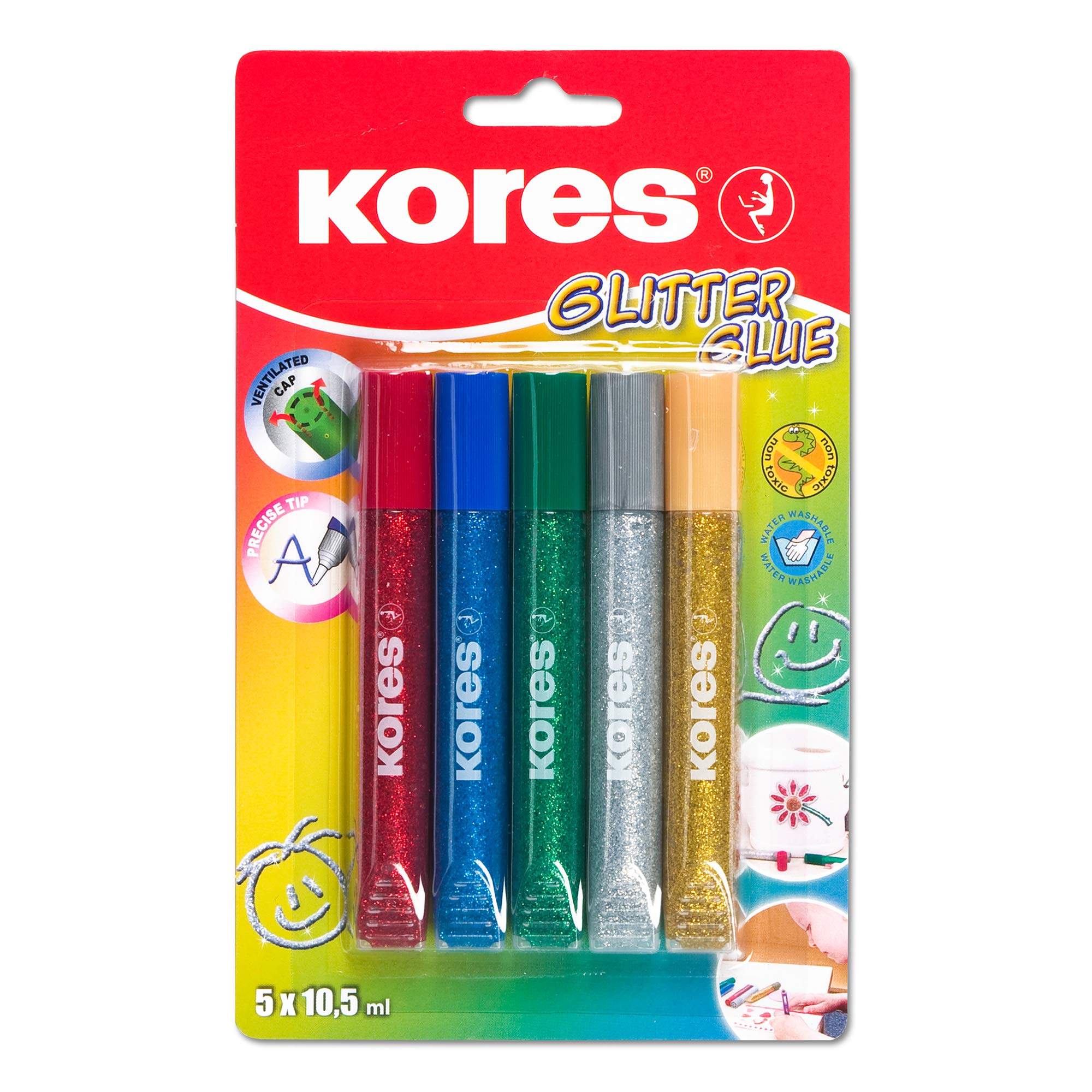 Kores - Glitterlijmstiften voor kinderen, veilig en niet giftig voor kunst en handwerk, precisiepunten, verpakking van 5 kleuren x 10,5 ml