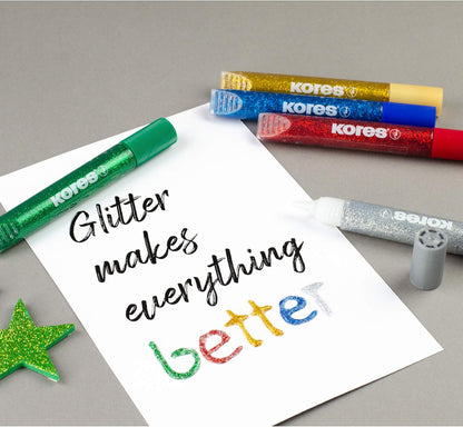 Kores - Glitterlijmstiften voor kinderen, veilig en niet giftig voor kunst en handwerk, precisiepunten, verpakking van 5 kleuren x 10,5 ml