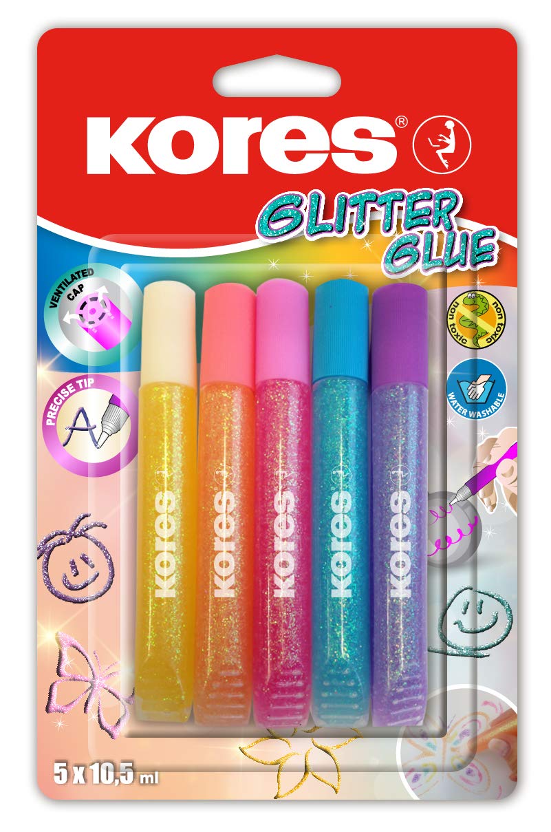 Kores - Pastel glitterstiften voor kinderen, veilig en niet giftig voor kunst en handwerk, precisiepunten, verpakking van 5 kleuren x 10,5 ml