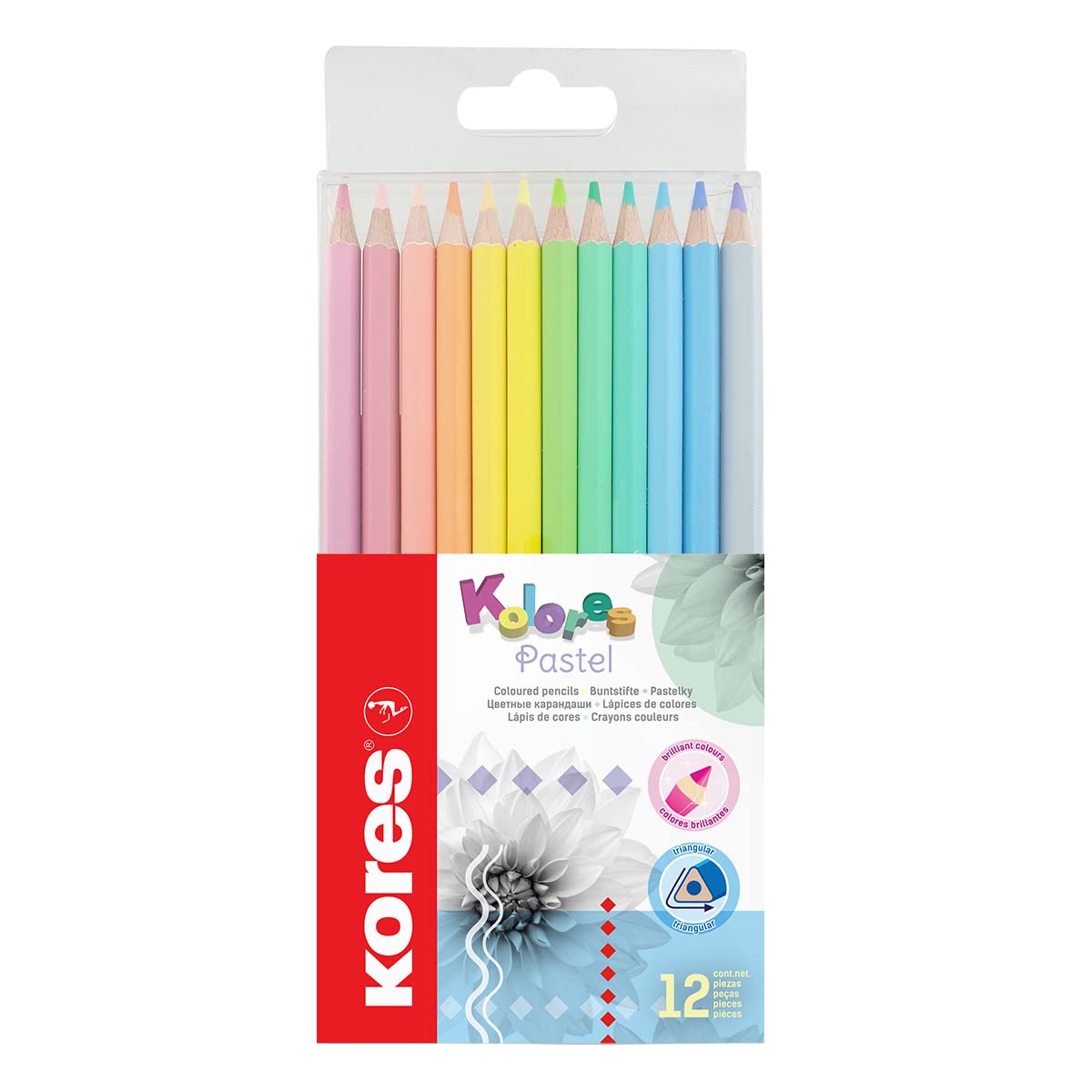Kores Kolores Pastel 12 kleurpotloden, driehoekige vorm, pastel briefpapier - kleurpotloden met pasteltinten voor wit, donker en knutselpapier - Set van 12 verschillende kleuren, pak van 1