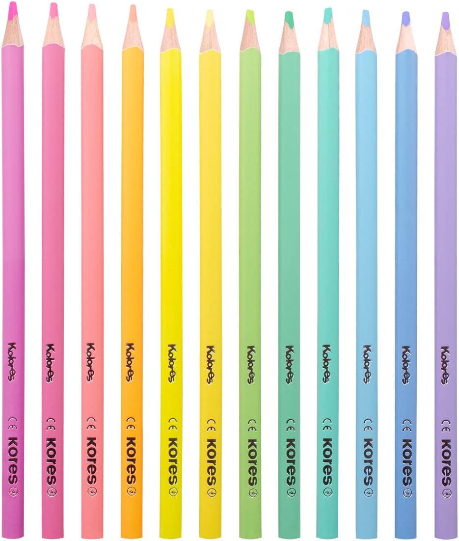 Kores Kolores Pastel 12 kleurpotloden, driehoekige vorm, pastel briefpapier - kleurpotloden met pasteltinten voor wit, donker en knutselpapier - Set van 12 verschillende kleuren, pak van 1