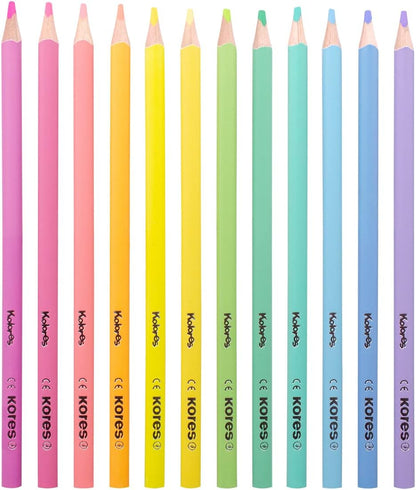 Kores Kolores Pastel 12 kleurpotloden, driehoekige vorm, pastel briefpapier - kleurpotloden met pasteltinten voor wit, donker en knutselpapier - Set van 12 verschillende kleuren, pak van 1