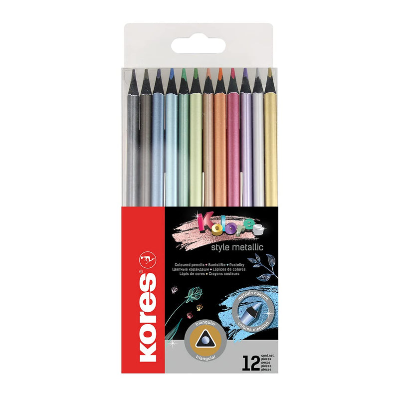 Kores - Kolores Style Metallic: 12 zwart hout kleurpotloden voor kinderen, beginners en volwassenen, metallic tinten voor donkere, ambachtelijke en witpapier, set van 12 verschillende metallic kleuren